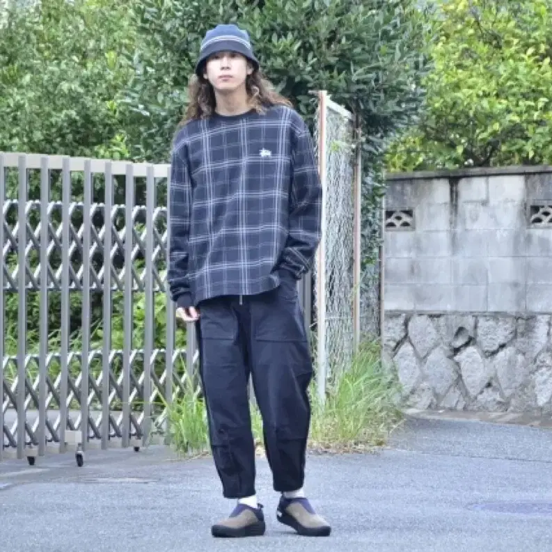스투시 DISCHARGED PLAID 와플크루넥 롱슬리브 L