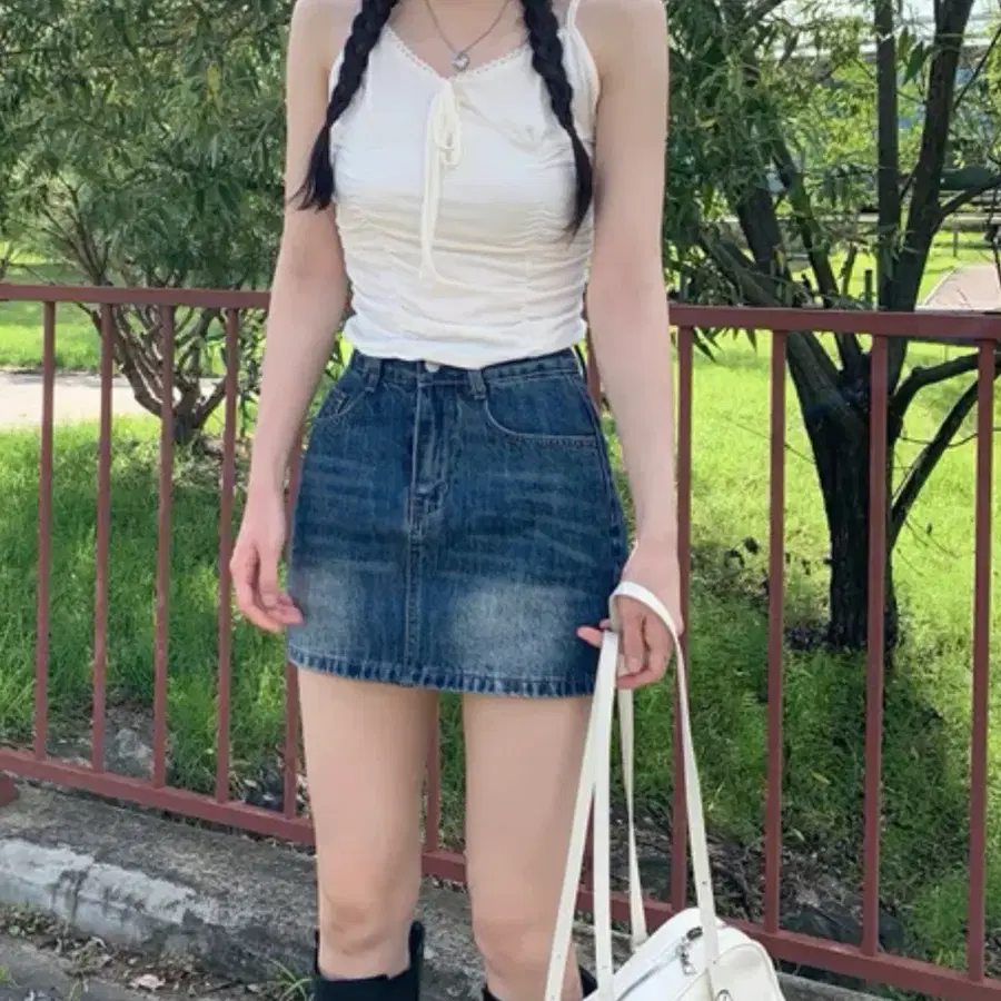 부기샵 로어 데님 워싱 미니 스커트 청치마