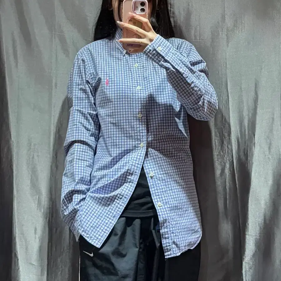 S POLO 폴로랄프로렌 핑크포니 블루 체크 셔츠