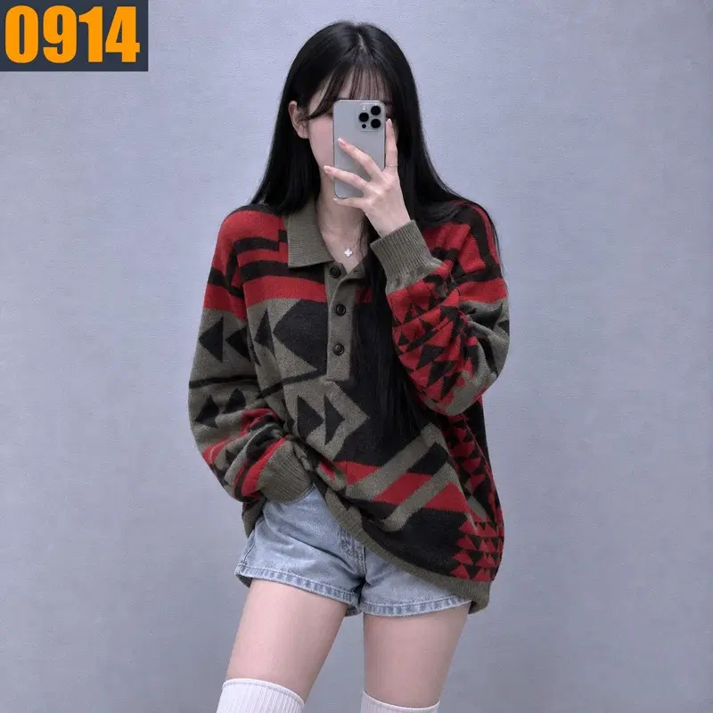 100 ZARA 자라 레드 카키 에스닉 기하학 패턴 카라 니트 L