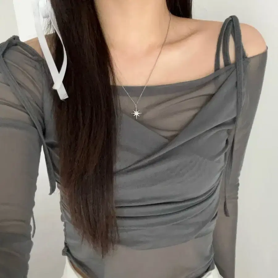쉬폰 오프숄더 크롭 블라우스 리본코어 발레코어 [옷]