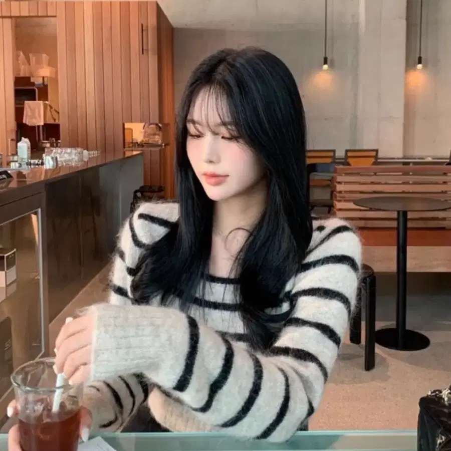 샵미네트 모헤어 스트라이프 타이 니트스웨터 머플러 게드 타낫 샵모도 온드민