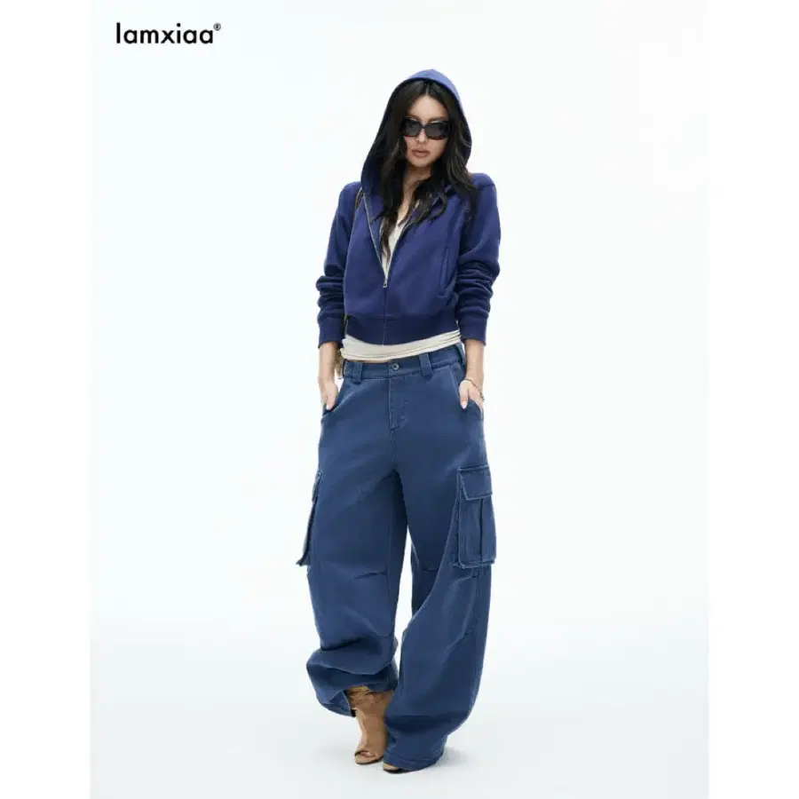 IAMXIAA 아엠시아 후드집업 테리 소재 프러시안 블루 후드 골지 반팔 스웨트셔츠