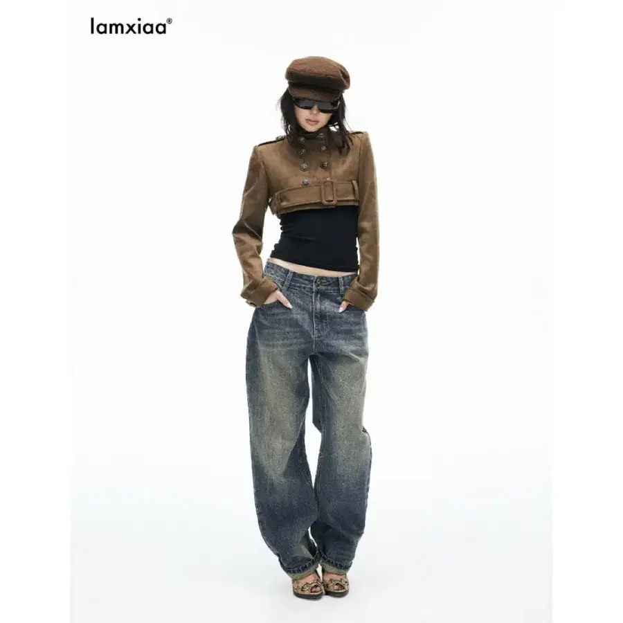 IAMXIAA 아엠시아 자켓 레트로 브라운 스웨이드 스탠드 칼라 견장 숏 크롭 재킷