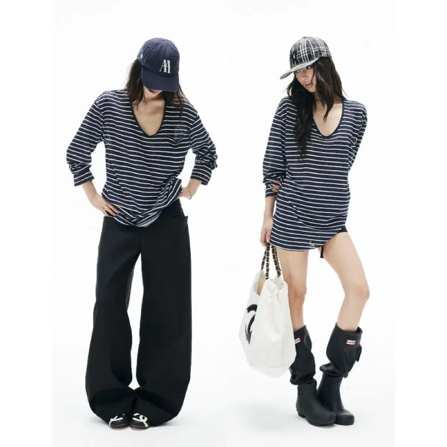 IAMXIAA 아엠시아 티셔츠 긴팔티 패턴 브이넥 패치 포켓 루즈핏 미디 길이 탑