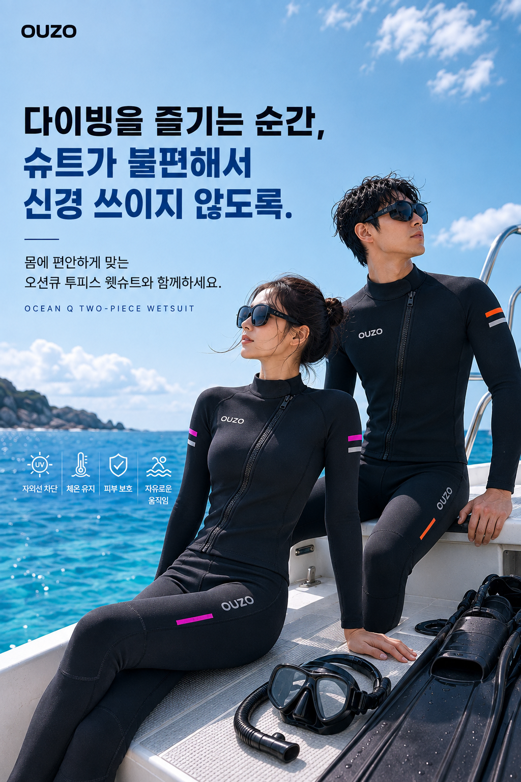 OUZO 웻슈트 서핑 바다수영 해루질 스노쿨링 프리다이빙 슈트 잠수복 3mm