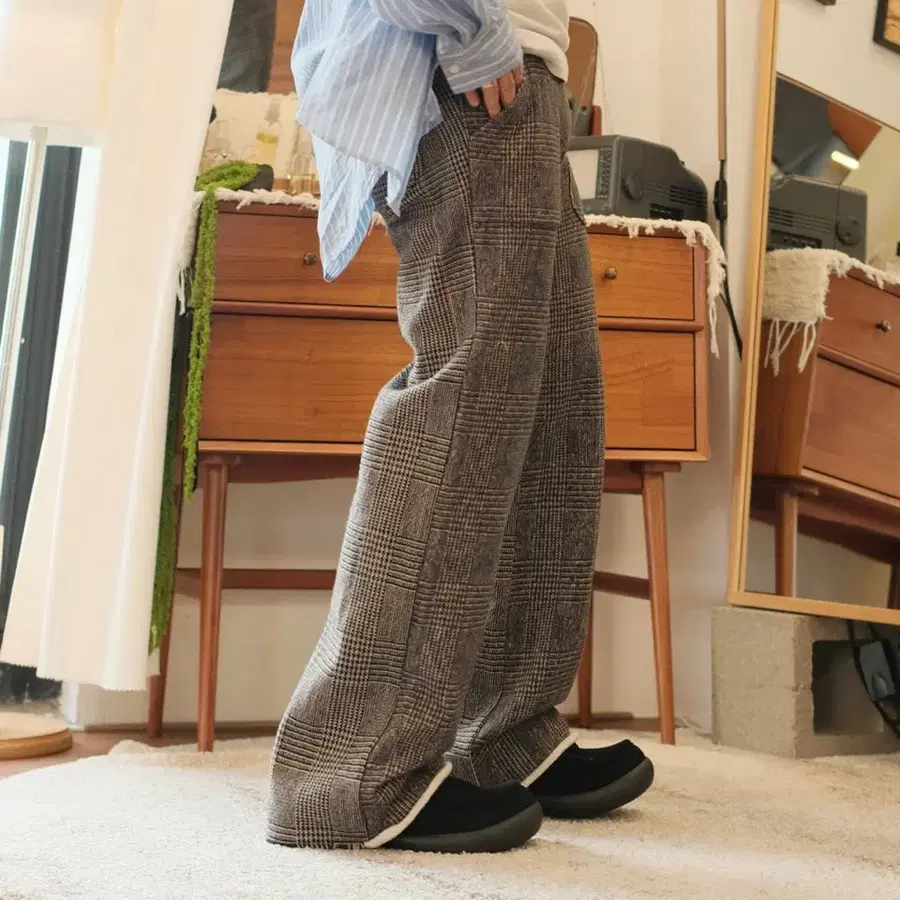 언더커버 16aw 글렌체크 패널 울 코튼 레이어드 도킹 팬츠