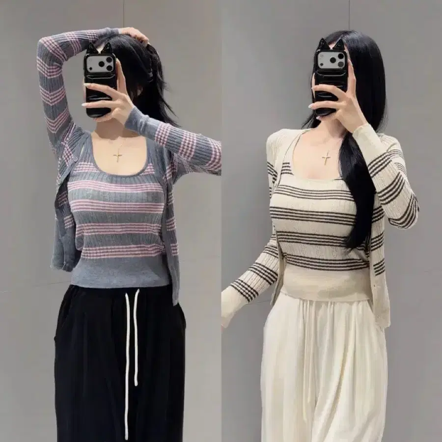 단가라 나시 가디건 세트 새상품