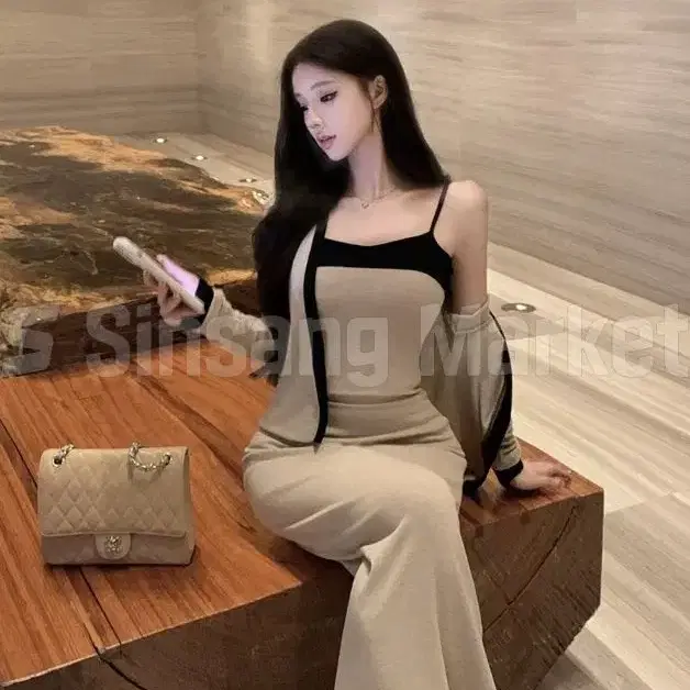 [빠른발송] 모던 원피스 가디건 set 세트 배색 글램 데일리 가디건세트