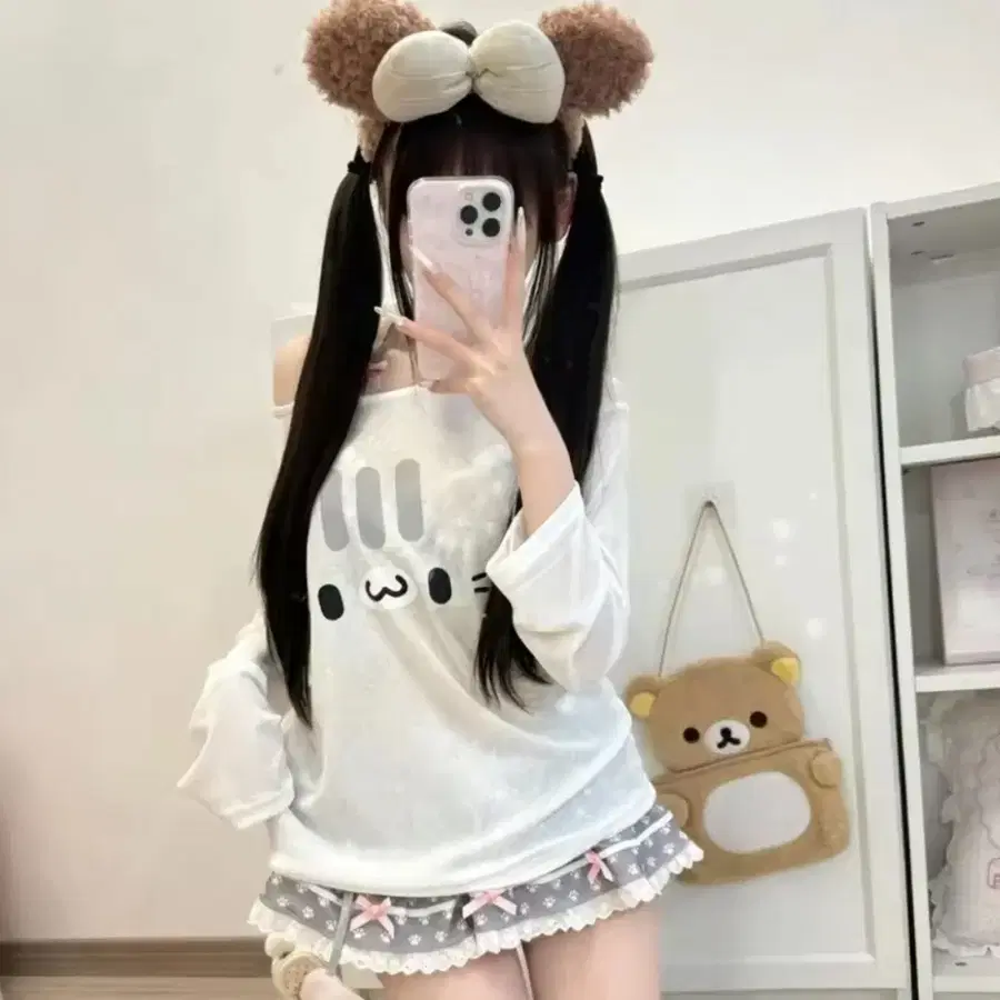 일본식 스위트 프린트 긴팔 티셔츠 여성 여름 귀여운 오프 숄더 시스루 얇은 자외선 차단 탑 카와이 Y2k 미적 슬림 티셔츠