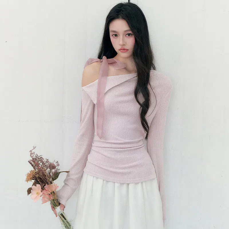 Fragile heart 프레질하트 원숄더 리본 롱슬리브 탑
