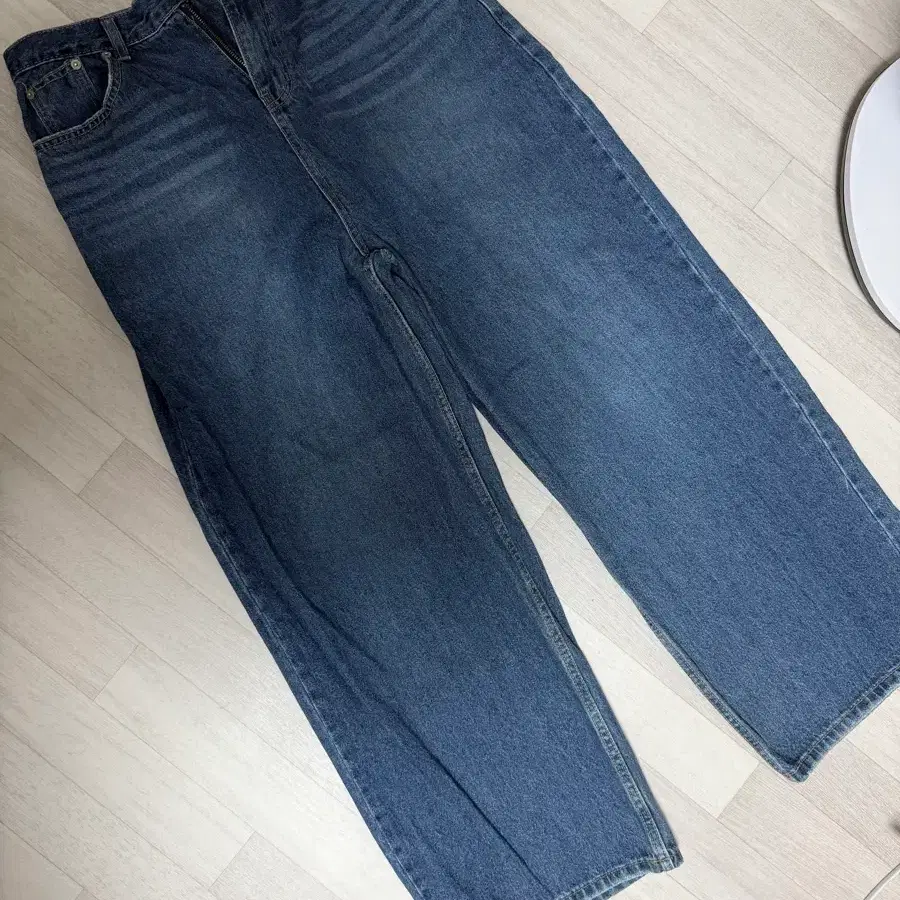 빈티지 워싱 진청와이드 벨티드 데님 팬츠