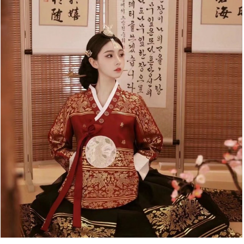혼주한복 궁중 스타일 여성용 상하세트 어른 신부한복 드레스 전통 사진 촬영용 의상 프리사이즈 빨간색 상의 검은색 치마