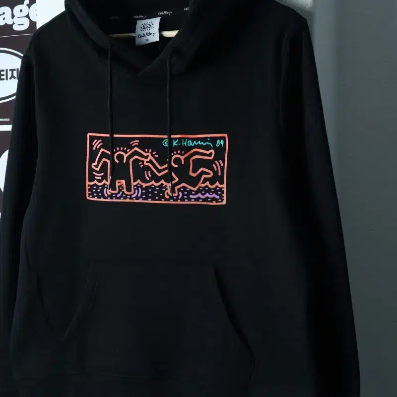 W(XL) 키스해링 후드티셔츠 새상품 기모 블랙 아트워크-H39488