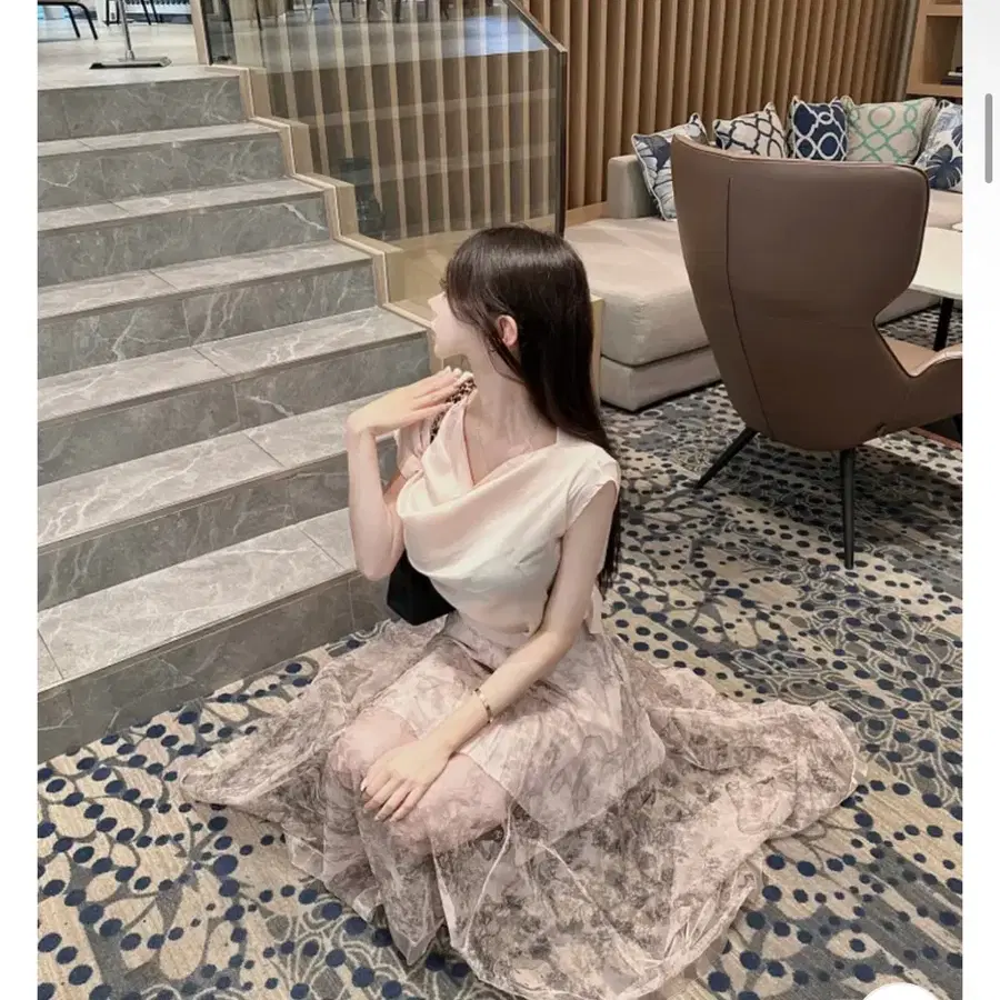 셔링 블라우스 나염 롱스커트 세트