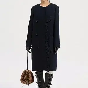 럭키슈에트 2025 Fw 네이비 노카라러플 울코트