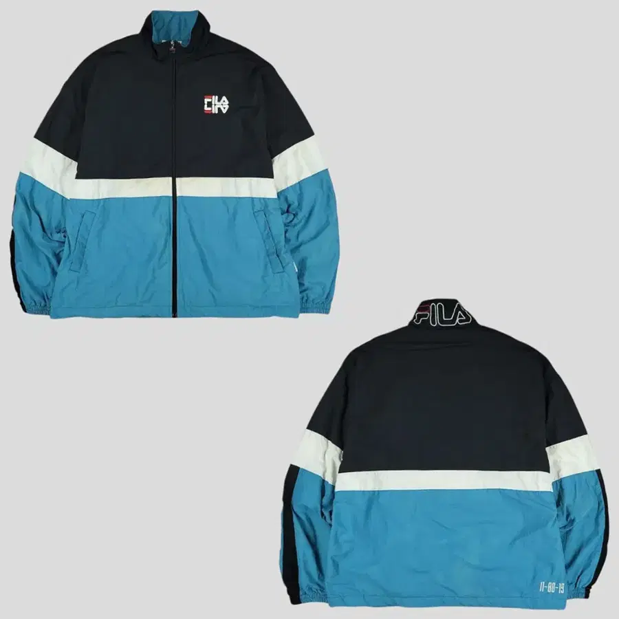 FILA 필라 휠라 블루 JP 화이트 블랙 배색 더블로고 라이트온 40주년 이너메쉬 올드스쿨 레트로 오버핏 바람막이 점퍼 XL
