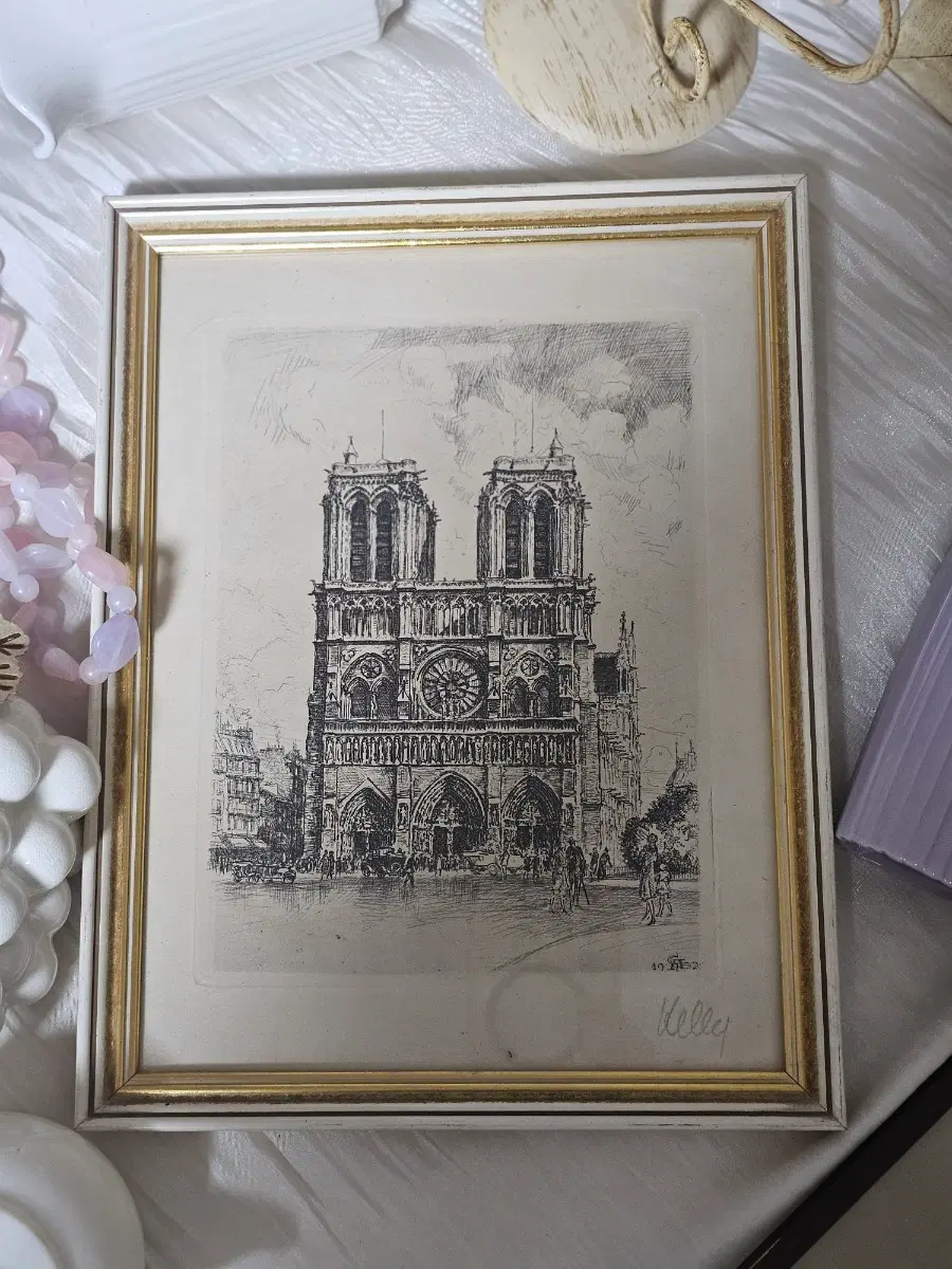 앤틱 빈티지 노트르담 대성당 에칭 판화 그림 액자