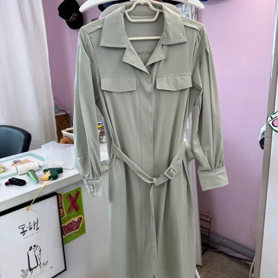 여성 롱 트렌치 코트 민트색 바스락