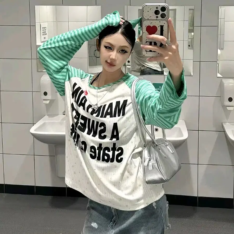 그린 애플 줄무늬티셔츠 오프숄더 y2k 민트 단가라 긴팔티 드림코어 갸루 엔젤코어 하이틴룩