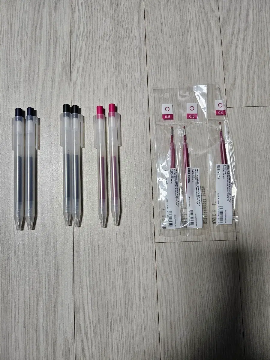 무인양품 0.5mm 젤펜 6개 핑크 리필심 3개 새제품