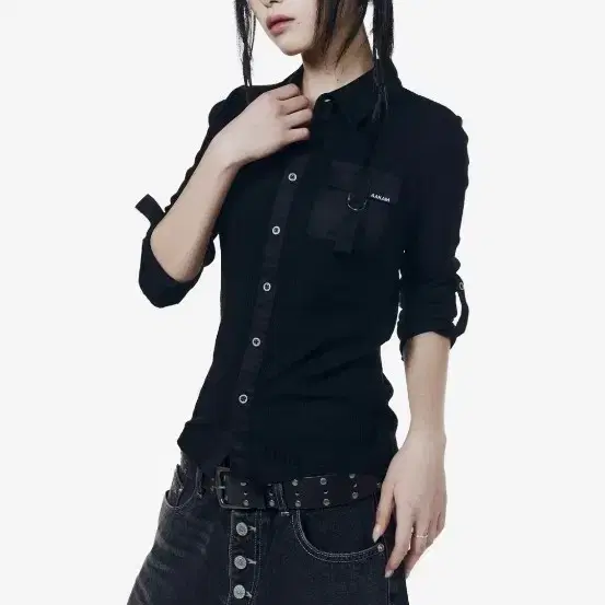 아캄 Roll-Up Pocket Long Shirts (Black)