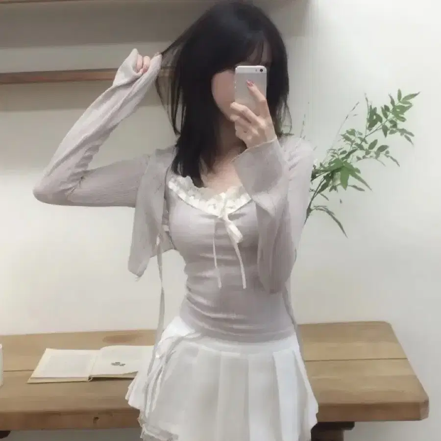 페미닌 레이스 리본 나시+가디건 세트 일괄 코디