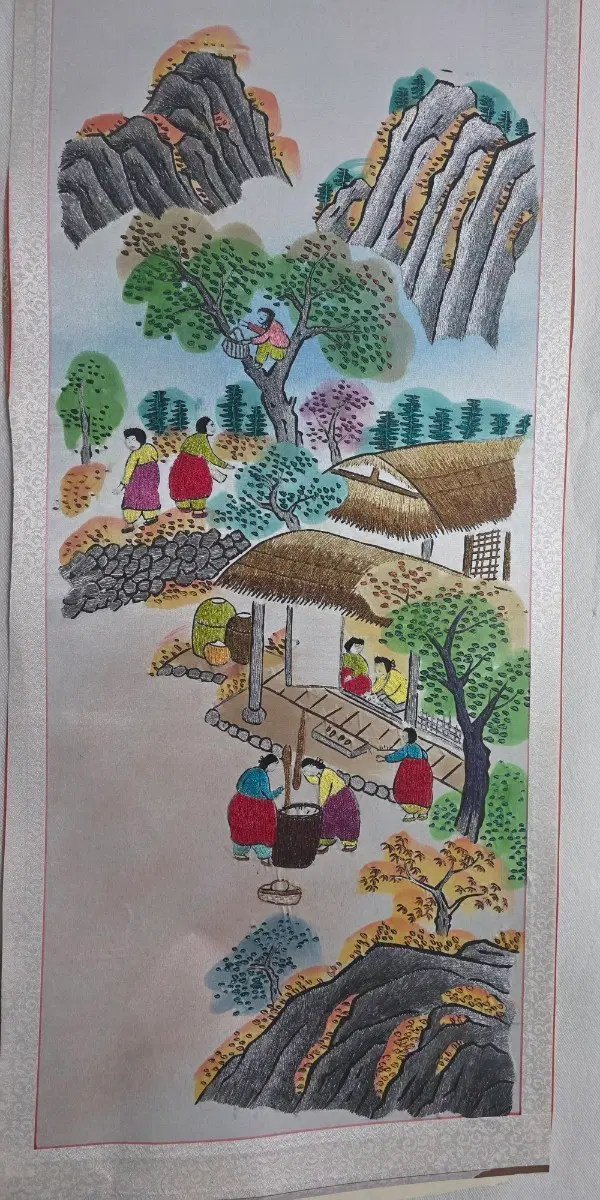 민화 자수 옛날 농촌 풍경