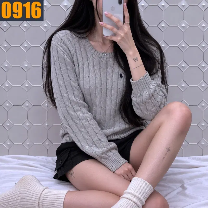 90 POLO 폴로 랄프로렌 라이트그레이 케이블 꽈배기 포니 자수 니트 S