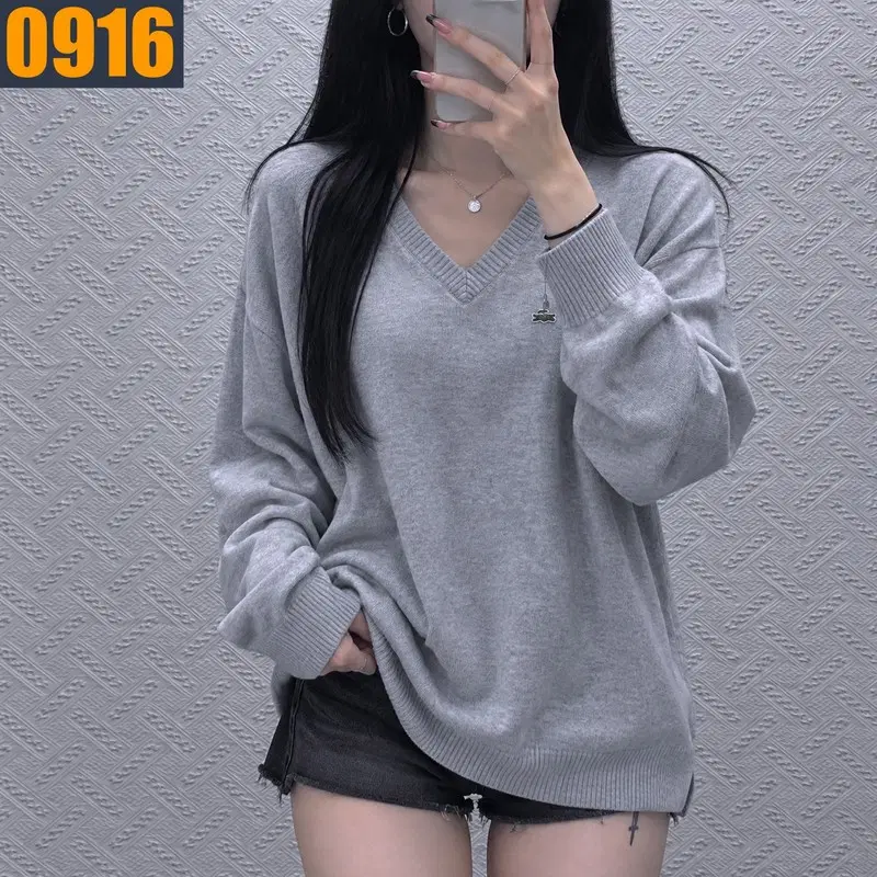 105 LACOSTE 라코스테 멜란지그레이 브이넥 로고 니트 XL
