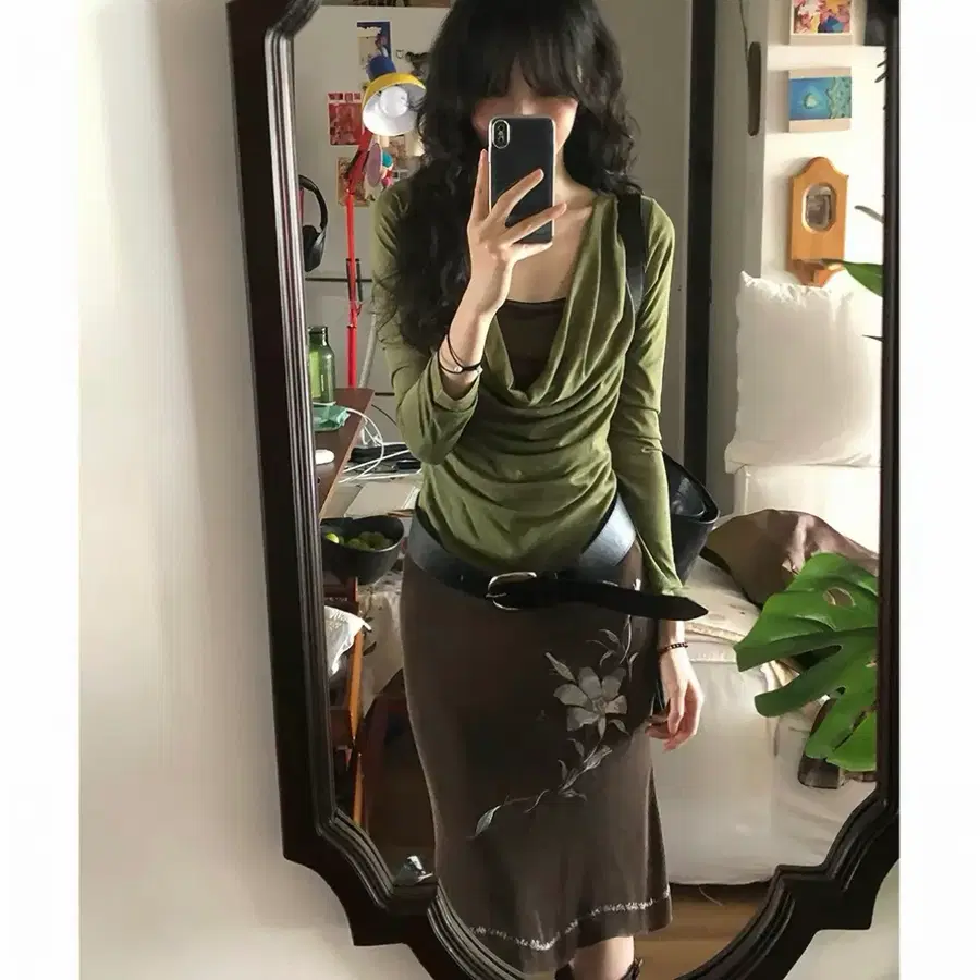 갈색 미디스커트 스커트 꽃자수 롱스커트 빈티지