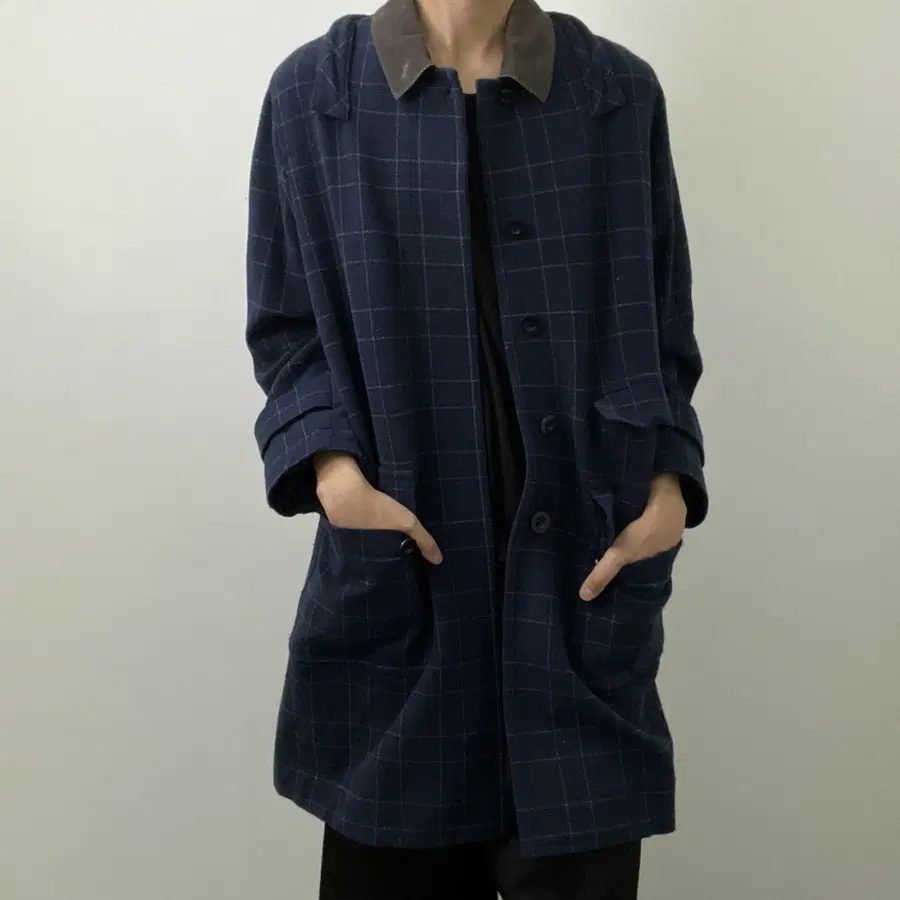 16FW 사카이 코듀로이 배색 블루 체크 코트