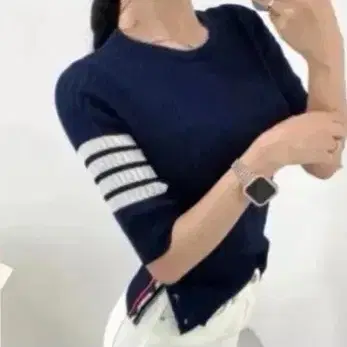 네이비 사선 배색 니트 반팔티