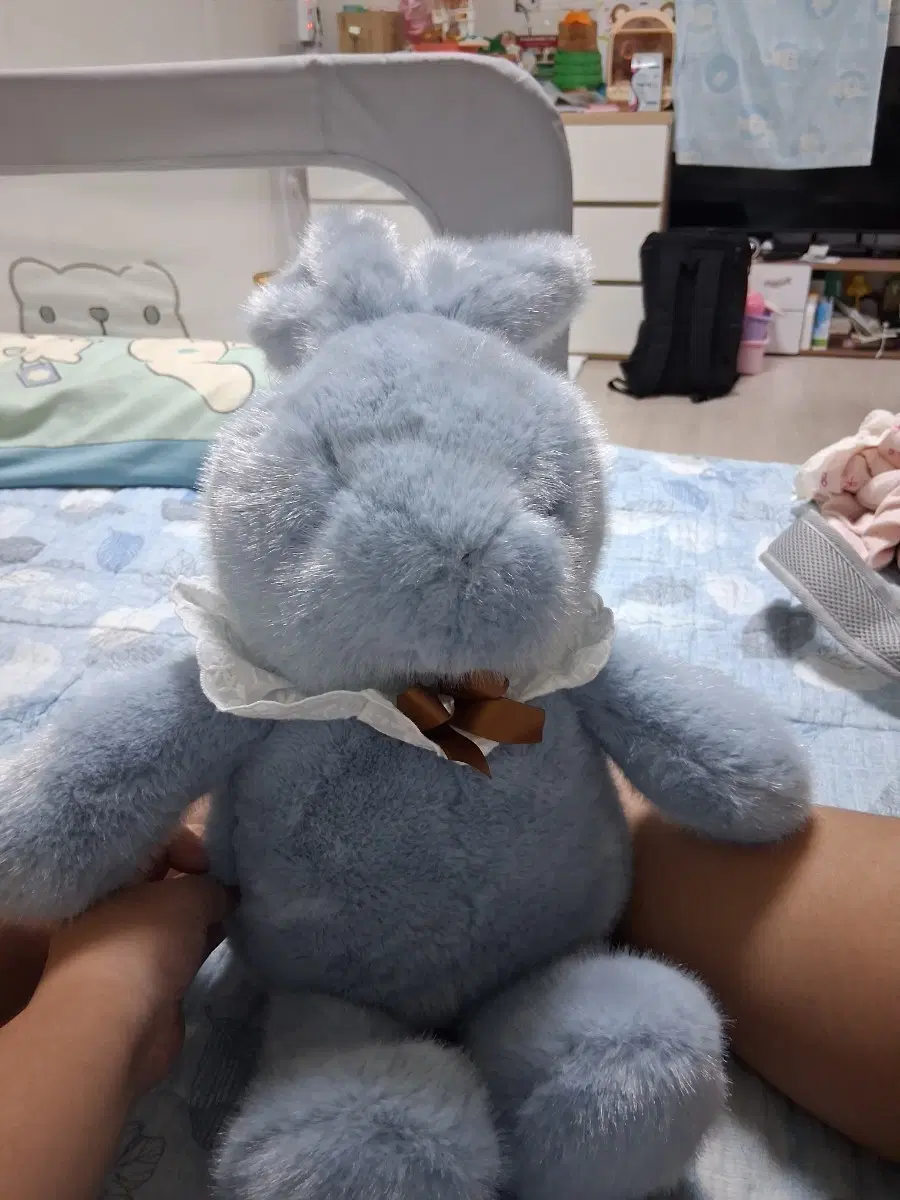 토끼 인형 파스텔 블루 레이스 리본 귀여운 토끼인형