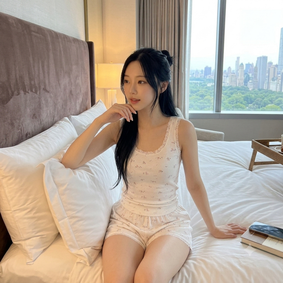 여름 레이스 플라워 꽃 나시 반바지 잠옷 투피스 세트 홈웨어 파자마 핀터룩