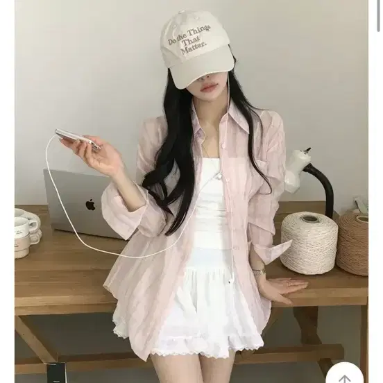 썸머 시스루 체크 루즈핏 셔츠 핑크