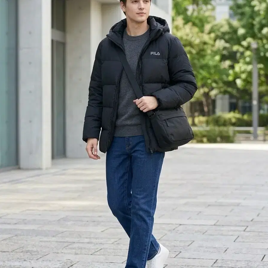 [휠라/FILA] 정품 로고 후드 덕다운 점퍼 100 (L) 블랙 중길이 오리털 패딩