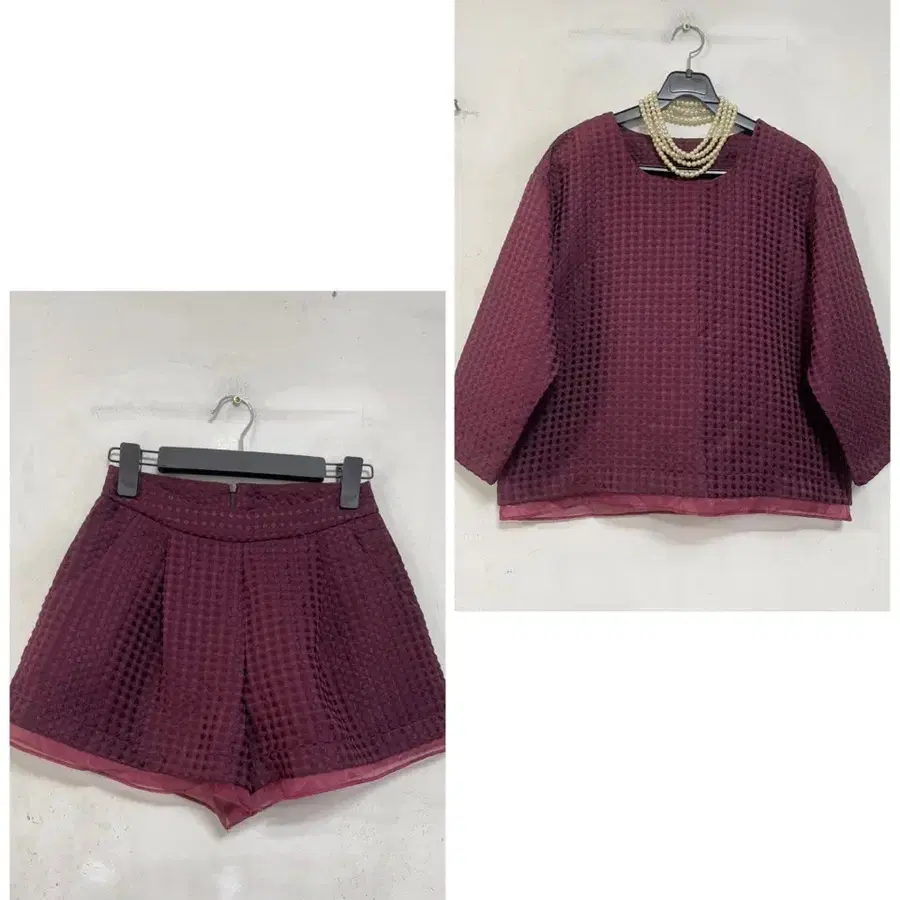 특가새)N7109 오간자 배색 블라우스.반바지.엠보짜임