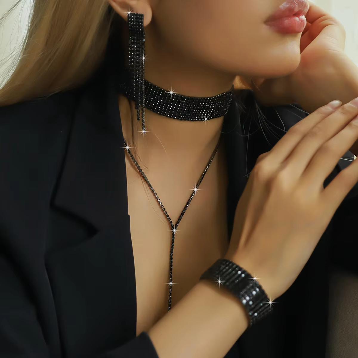 블랙 큐빅 초커 세트