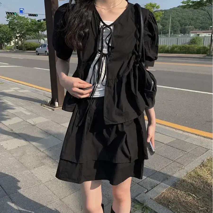 애니원모어 리본 퍼프 블라우스 스커트 셋업 새상품