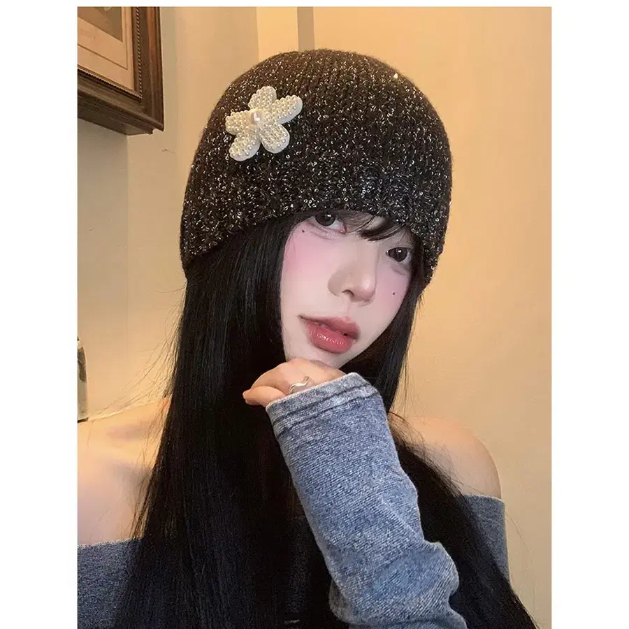 [새상품/8,000원] 블링블링 스팽클 펄 글리터 포인트 장식 숏 니트 비니(펄 플라워)