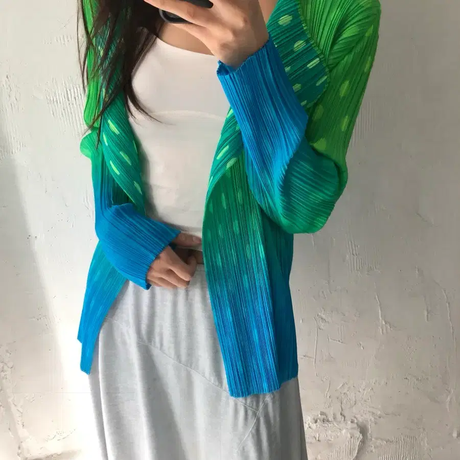 Pleats Please 플리츠 플리즈 그린 블루 오픈 도트 가디건