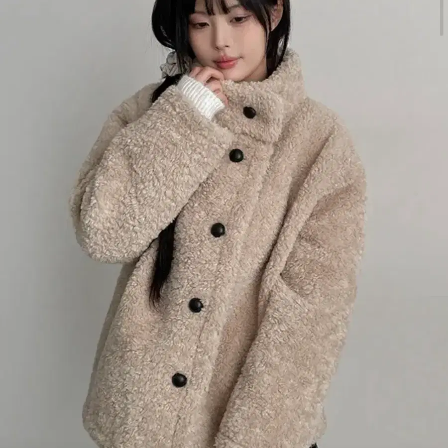 루나 뽀글이 덤블 퍼 하프 코트 아이보리