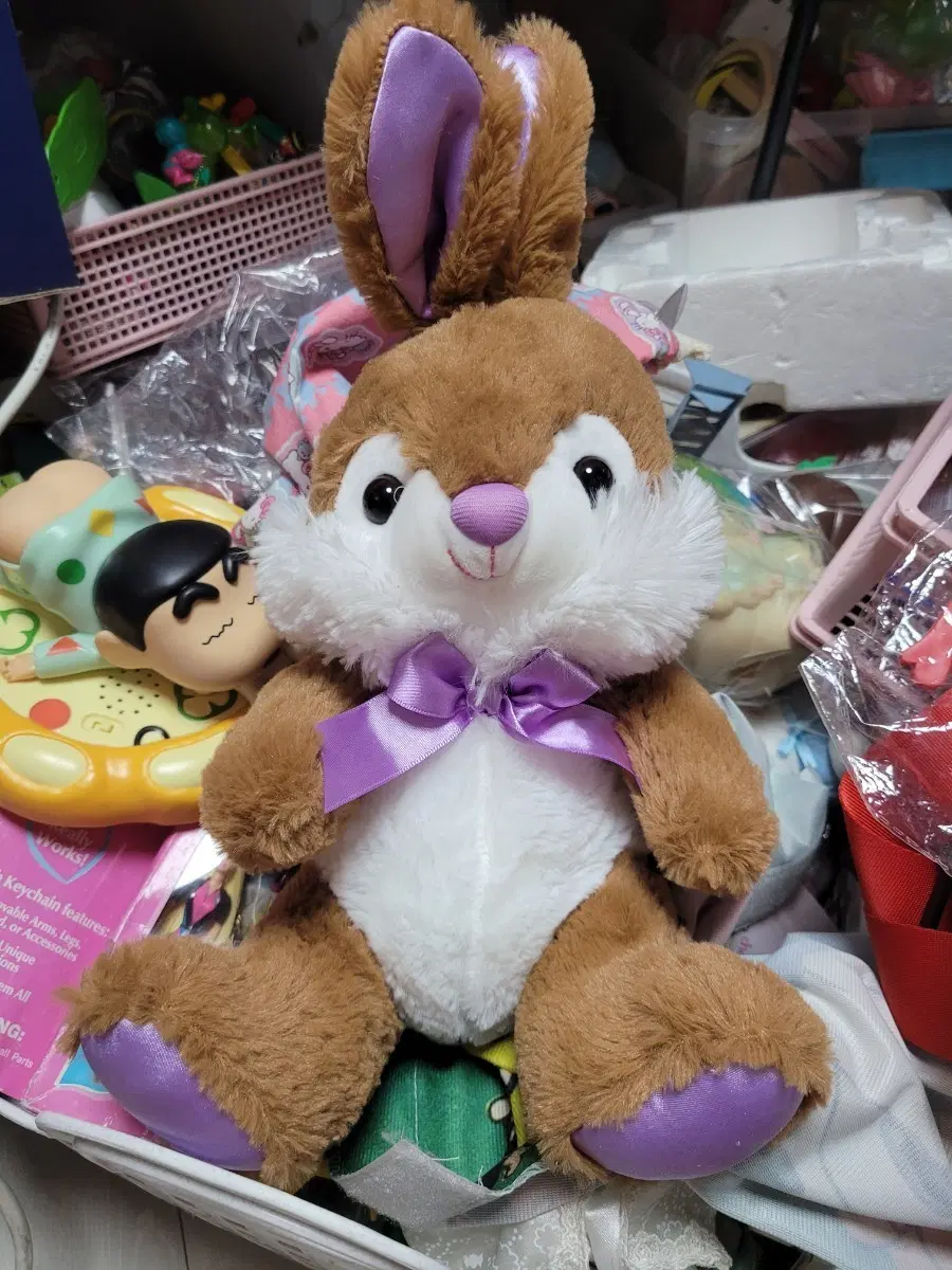 토끼 인형 보라 리본 빈티지