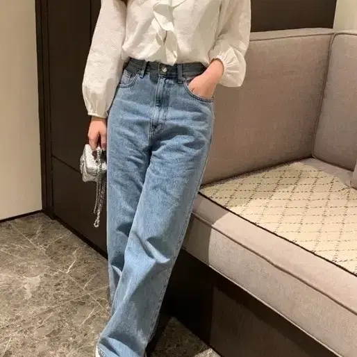 S ) riette 리에뜨 여성 세미와이드 중청 청바지