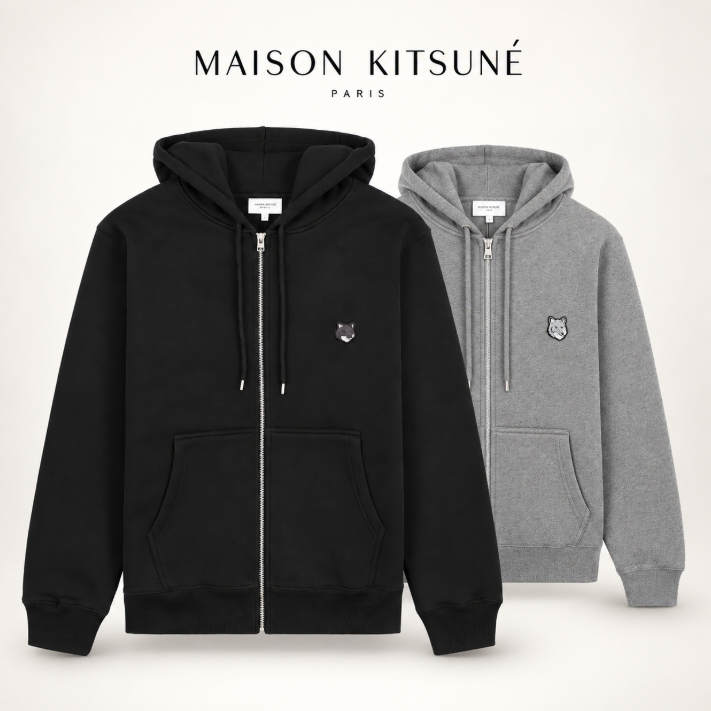 Genuine/New) Maison Kitsuné Mini Fox Head Logo Hooded Zip-up Unisex 2 Colors