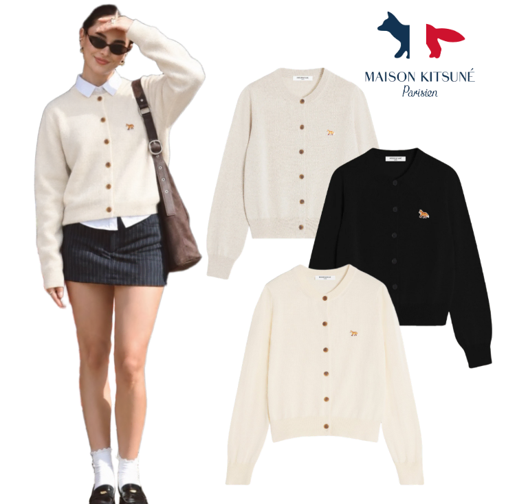 Genuine/New) Maison Kitsune Baby Fox Round Cardigan for Women, 3 Colors (Black/Pearl Pink/Light Beige)
