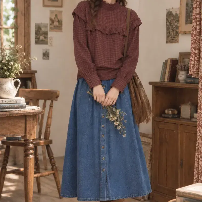 써스데이아일랜드 프릴 블라우스. 포켓데님 스커트