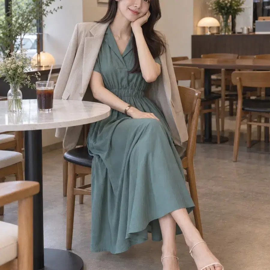 카키그린 허리밴딩 롱 원피스 55~77