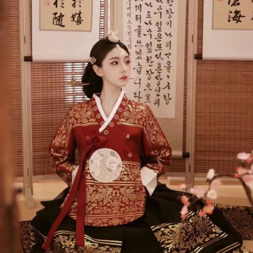 혼주한복 궁중 스타일 한복 여성용 상하 세트 어른 신부한복 드레스 커플한복 전통 드레스 사진 촬영용 의상 빨간색 상의 검은색 치마